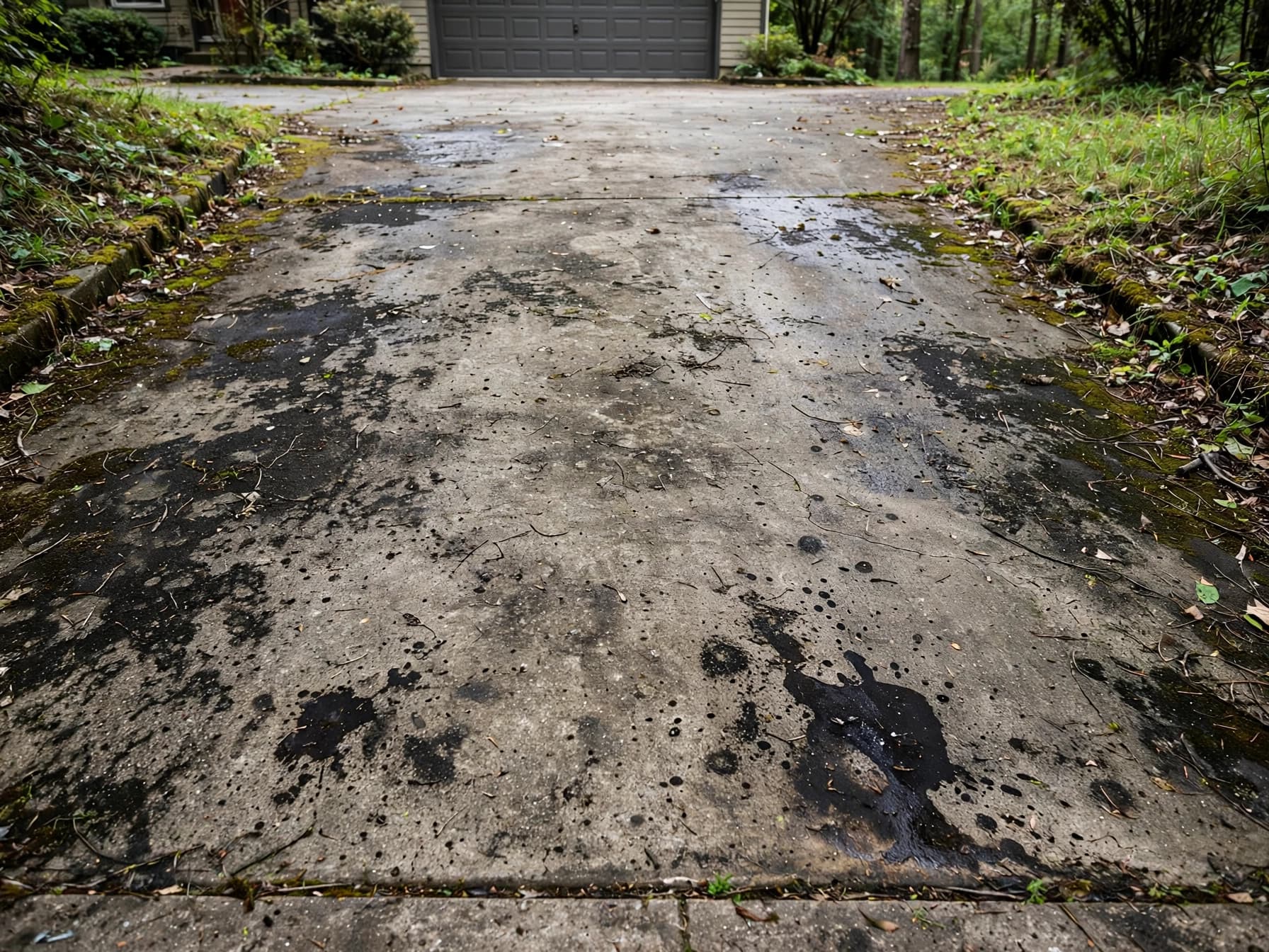 The same driveway before pressure washing, covered in dirt and debris