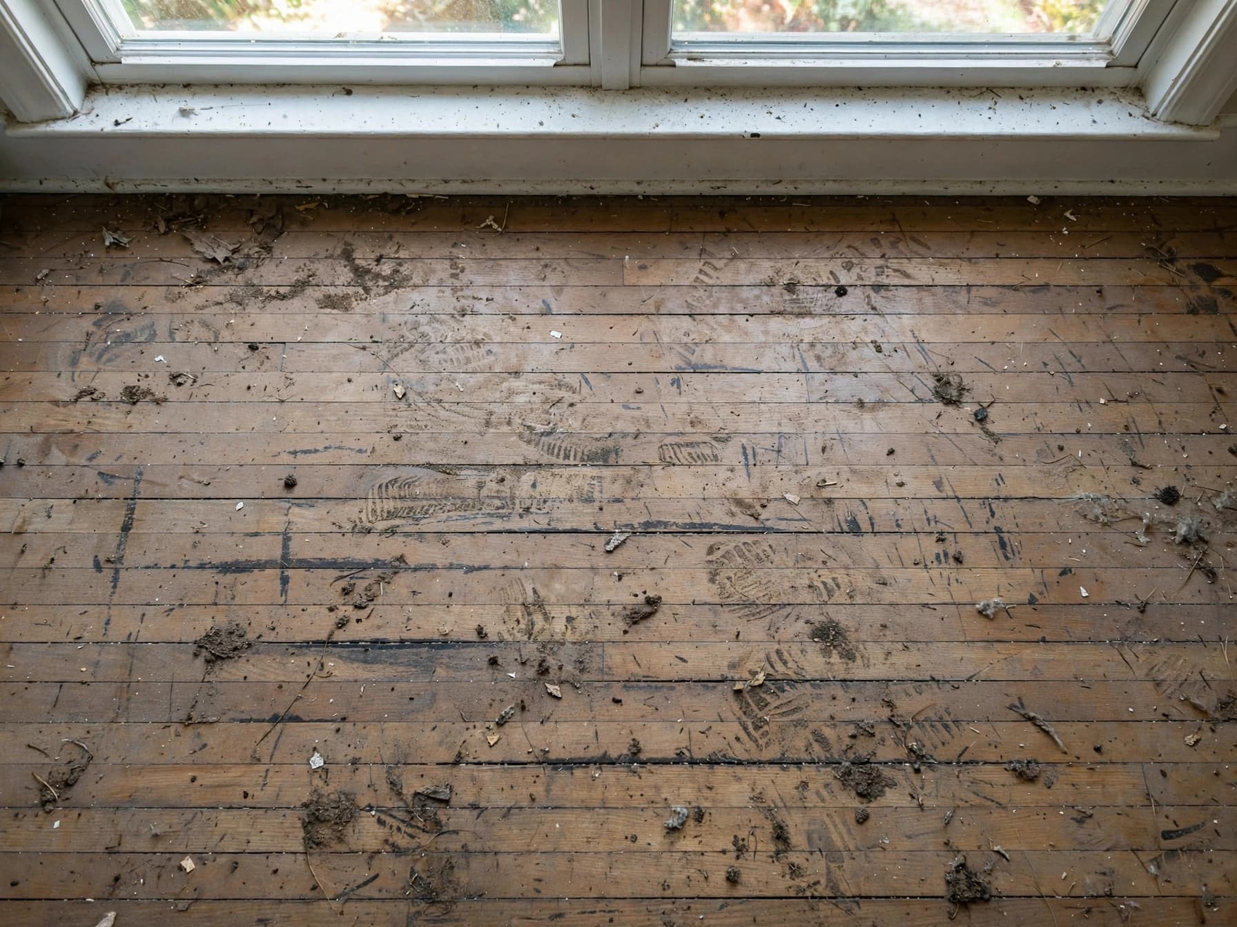 Timber floor before cleaning, covered in dirt, debris and scuff marks